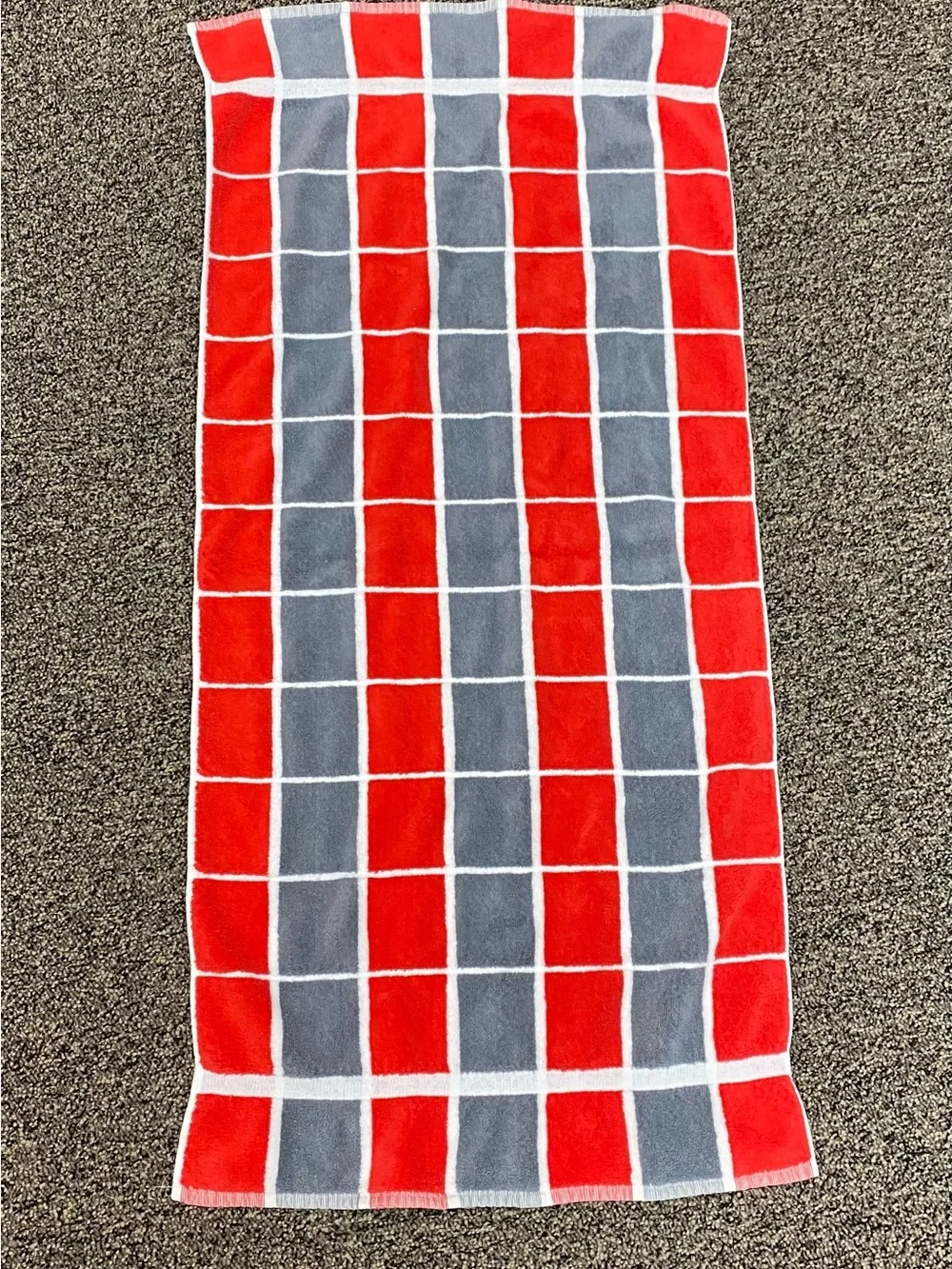 Vintage 1980s HF J’aime Bath Towel - Made West Germany- Red & Gray Windowpane